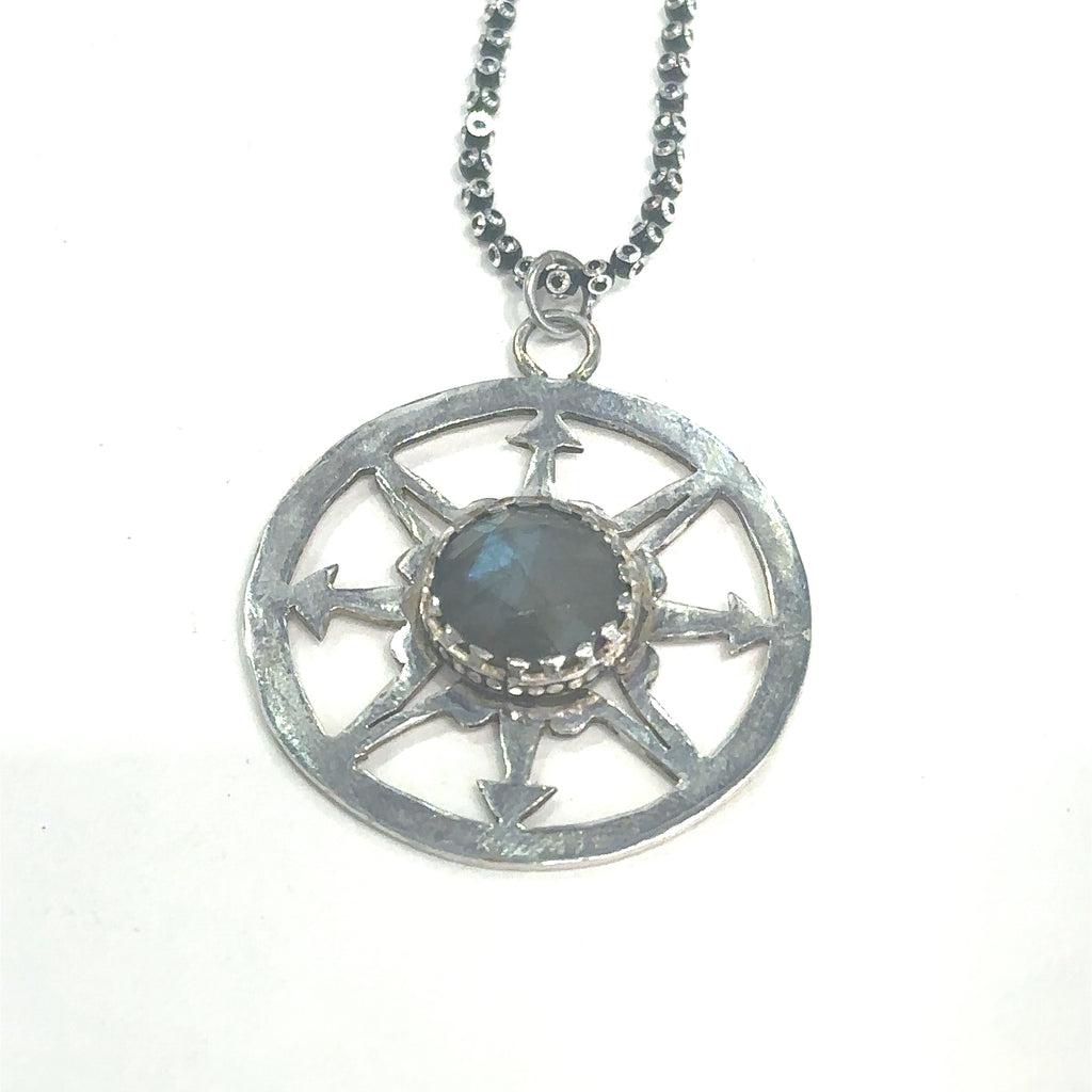 Oxidized sterling silver chain necklace with bezel‑set Labradorite gemstone on white long hanging overview