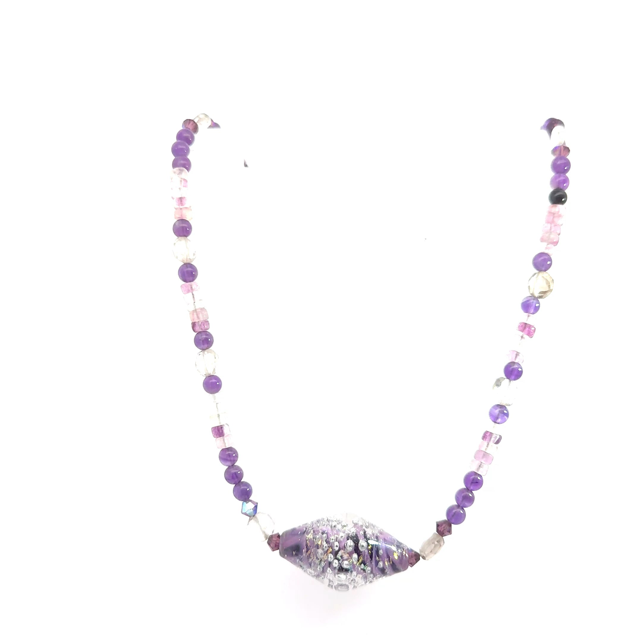 Amethyst and Clear Quartz beaded gemstone necklace with a Blown Glass Centerpiece, jewelry