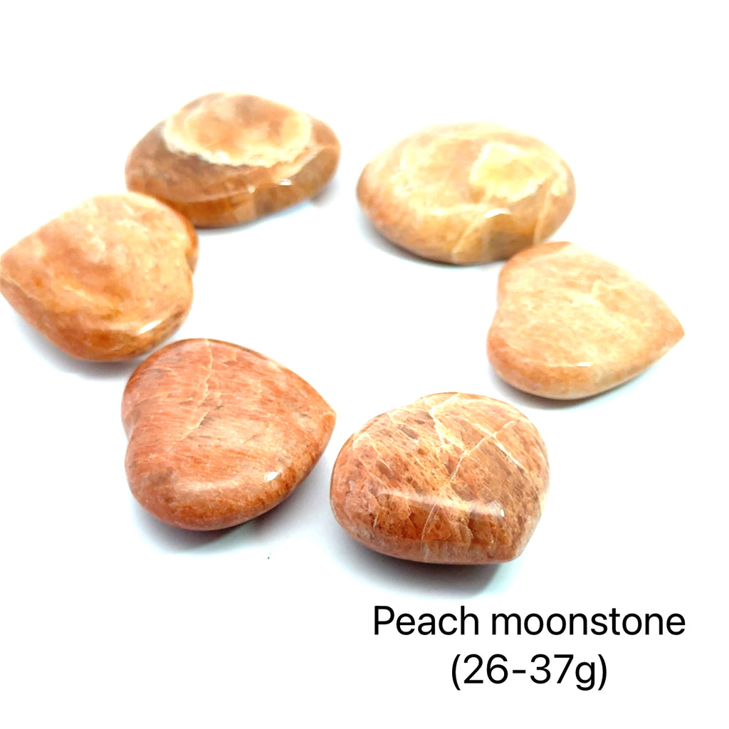 Peach Moonstone Heart Gemstone Carving  26-37g on white front overview