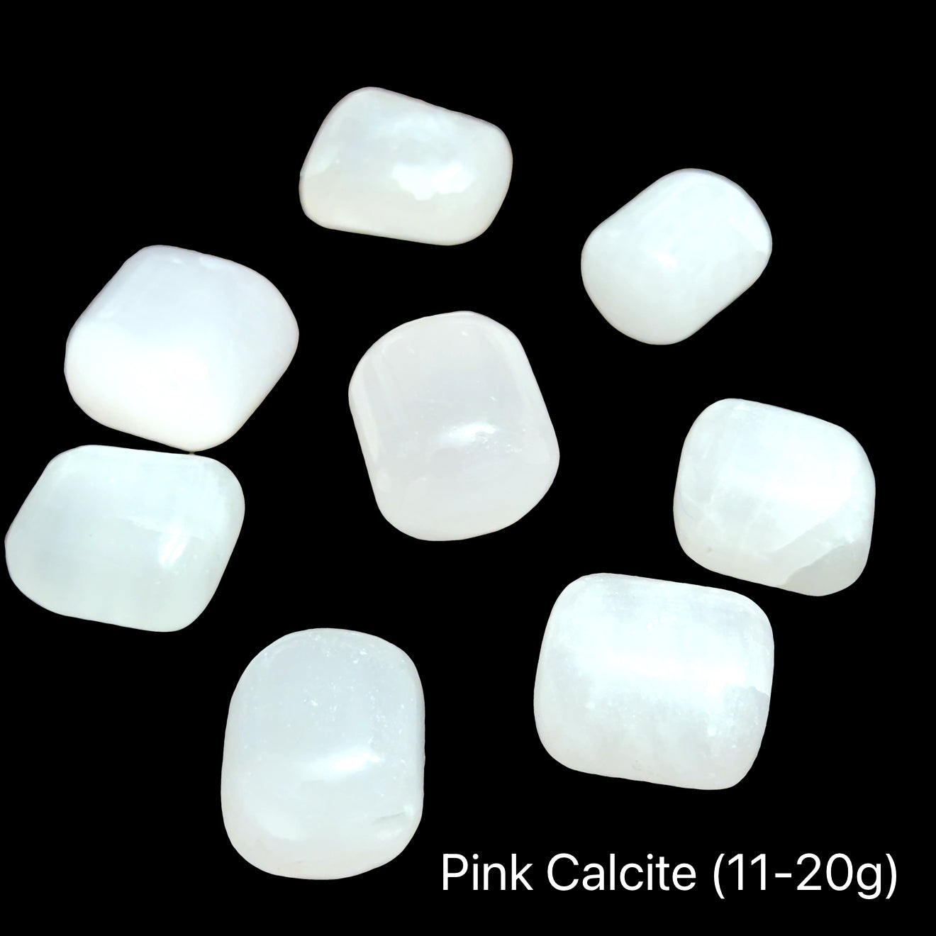 Pink Calcite stones on a black background, the weight is (11-20g), front view. 