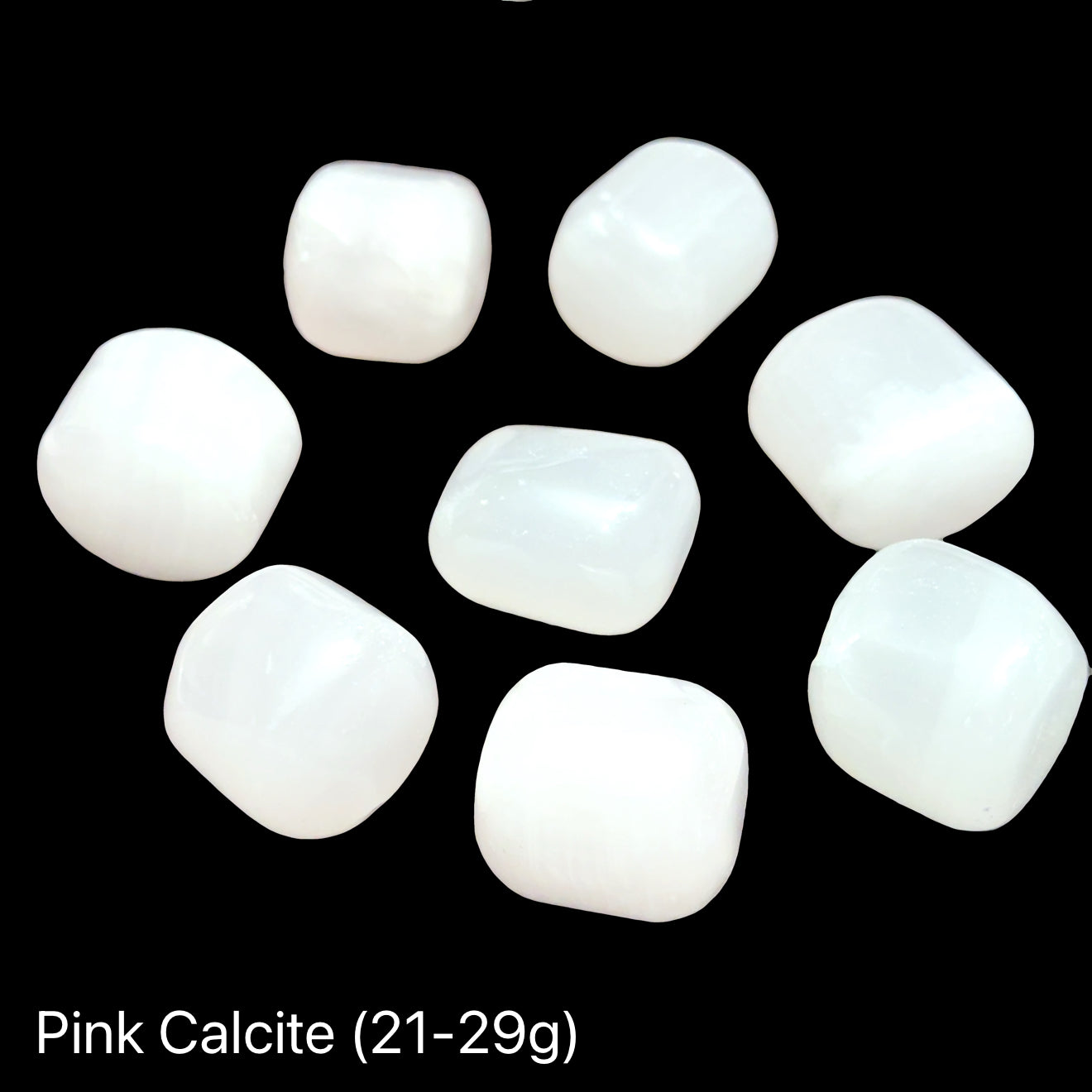 Pink Calcite stones on a black background, the weight is (21-29g), front view. 