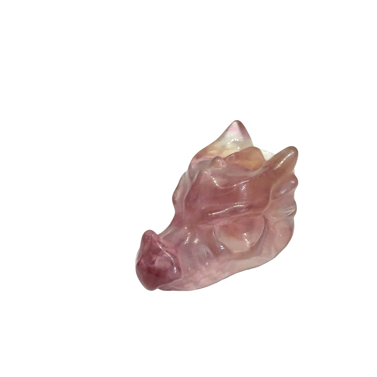 Pink Fluorite Gemstone Dragon Head carving (31.6g), on a white background, left angle front close-up view.