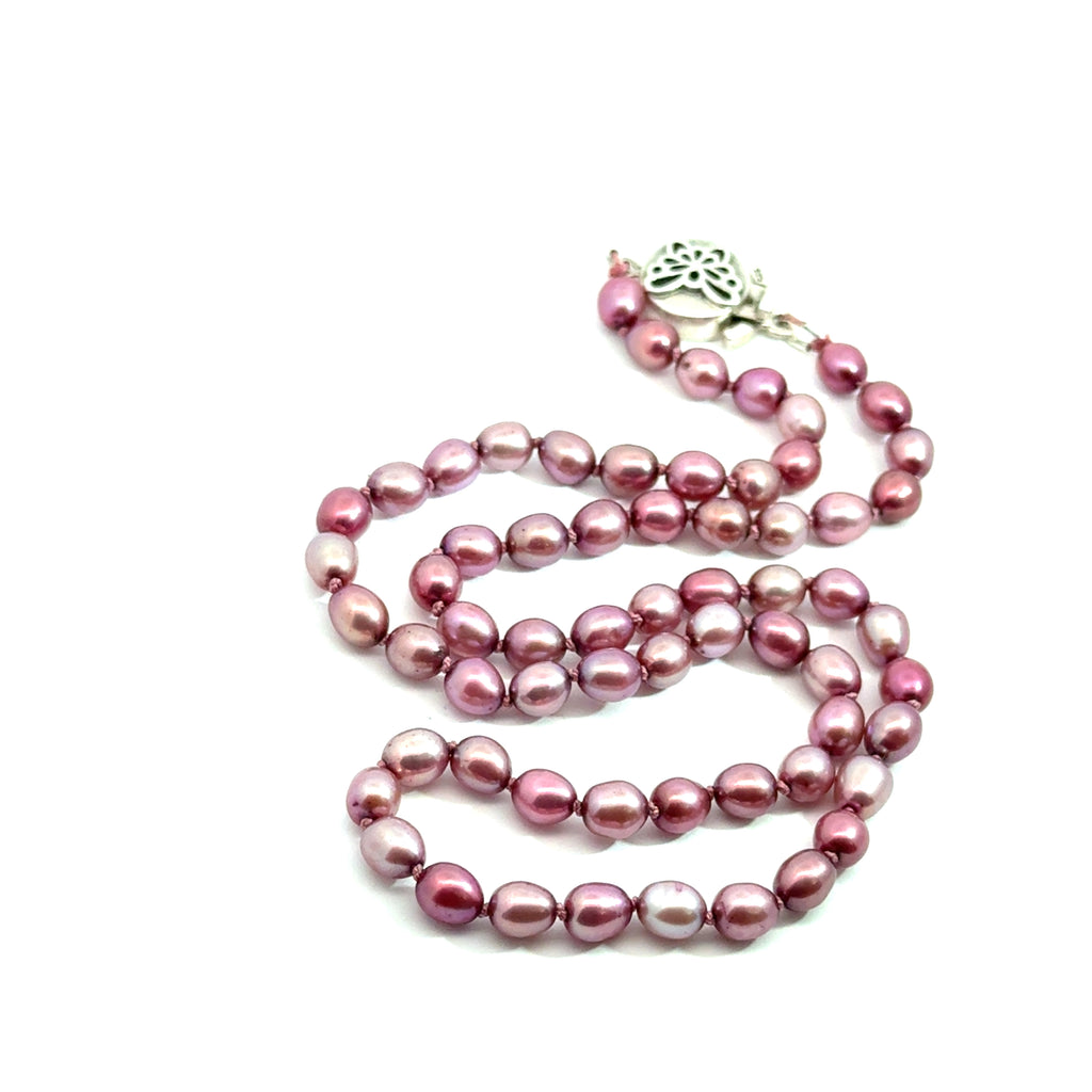 Pink Freshwater Pearl Necklace on white bottom angled overview