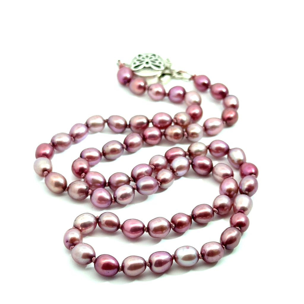 Pink Freshwater Pearl Necklace on white center angled overview