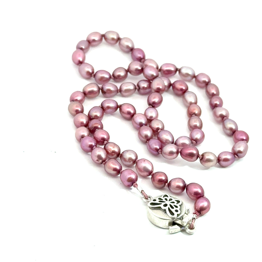Pink Freshwater Pearl Necklace on white  center diagonal overview