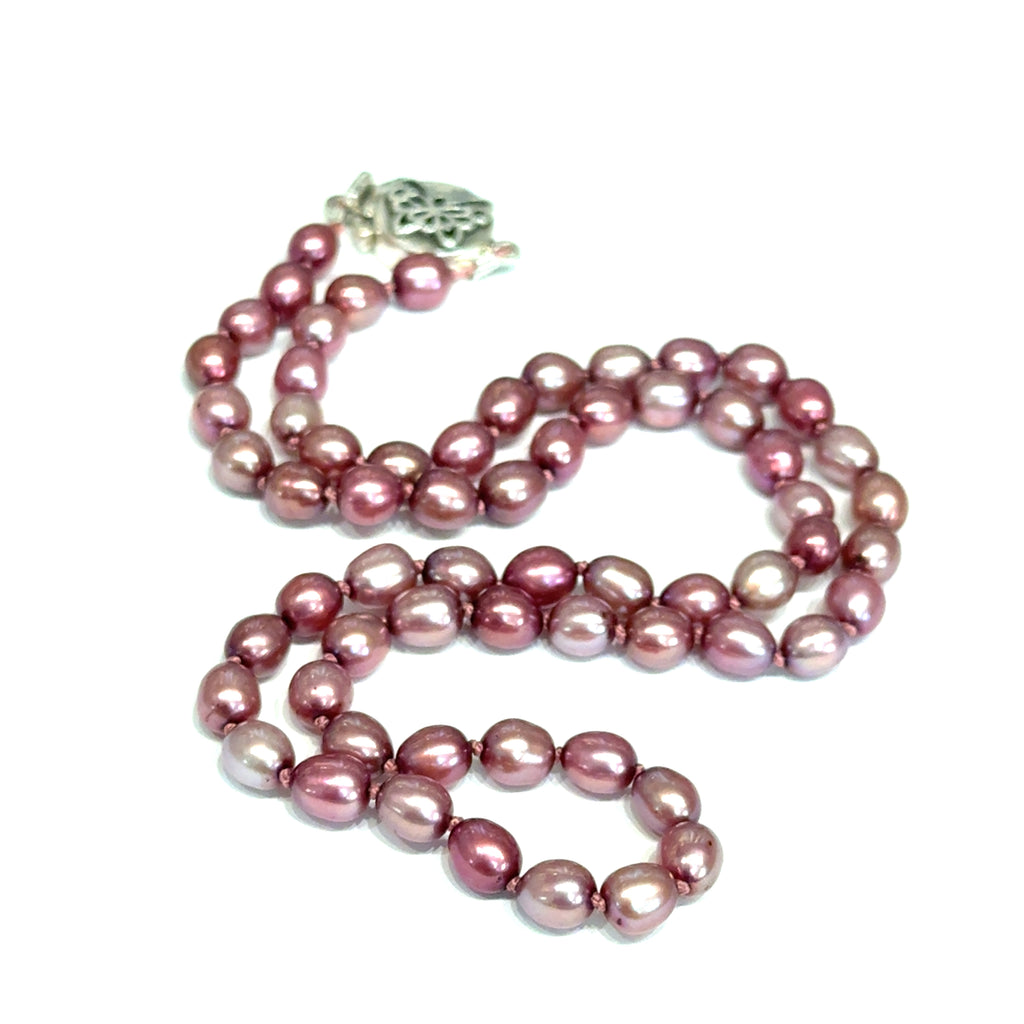 Pink Freshwater Pearl Necklace on white front and center overview