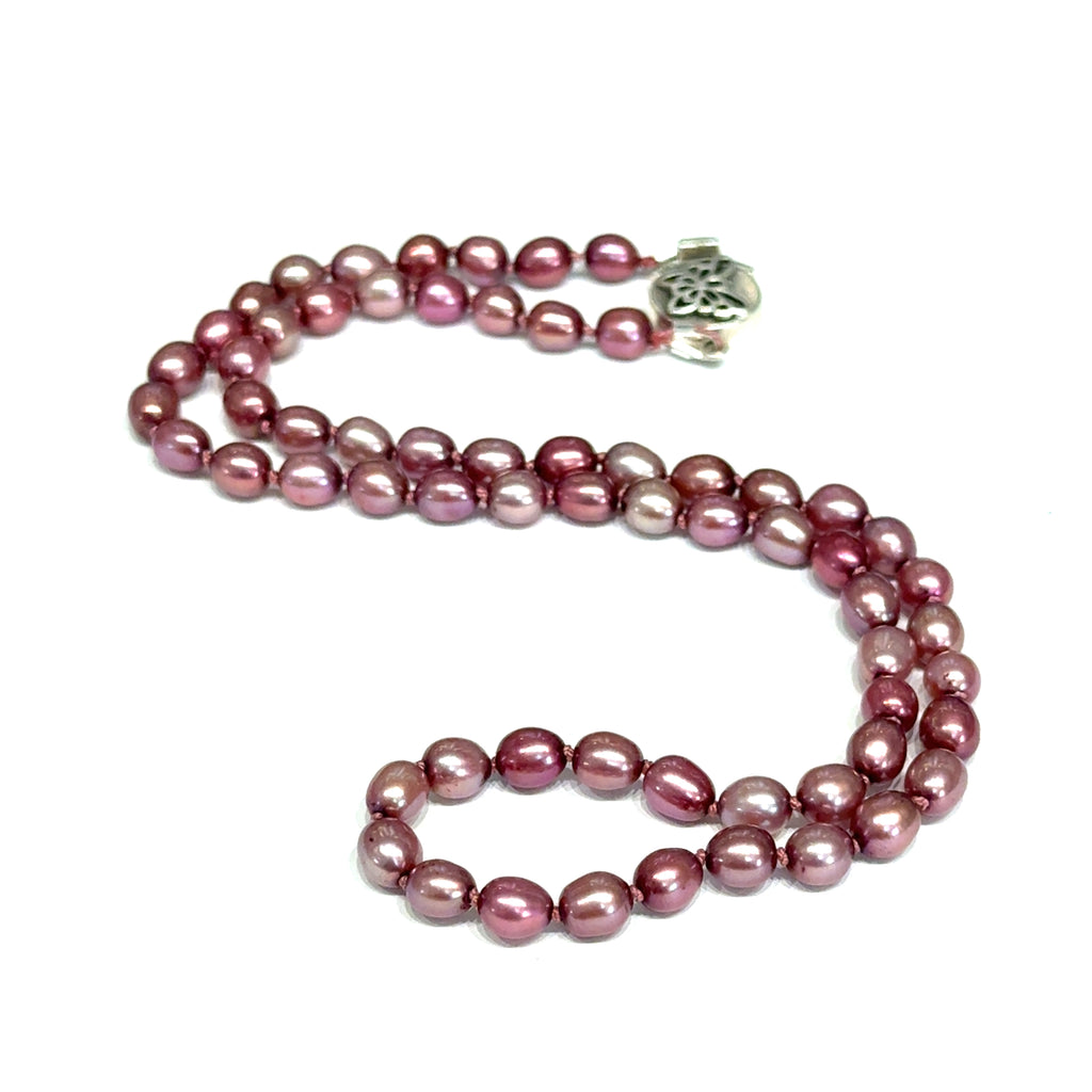 Pink Freshwater Pearl Necklace on white long and center overview