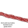 Pink tourmaline gemstone 2mm faceted round bead strand grade AAA+ ethically sourced from family-owned vendors for DIY jewelry making and heart chakra healing designs, on a white background, front view. 