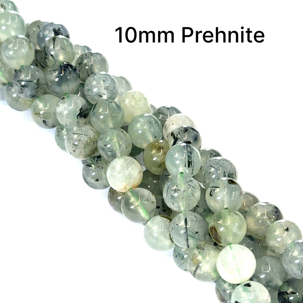 Prehnite 10mm smooth round gemstone on a white background, front overview. 