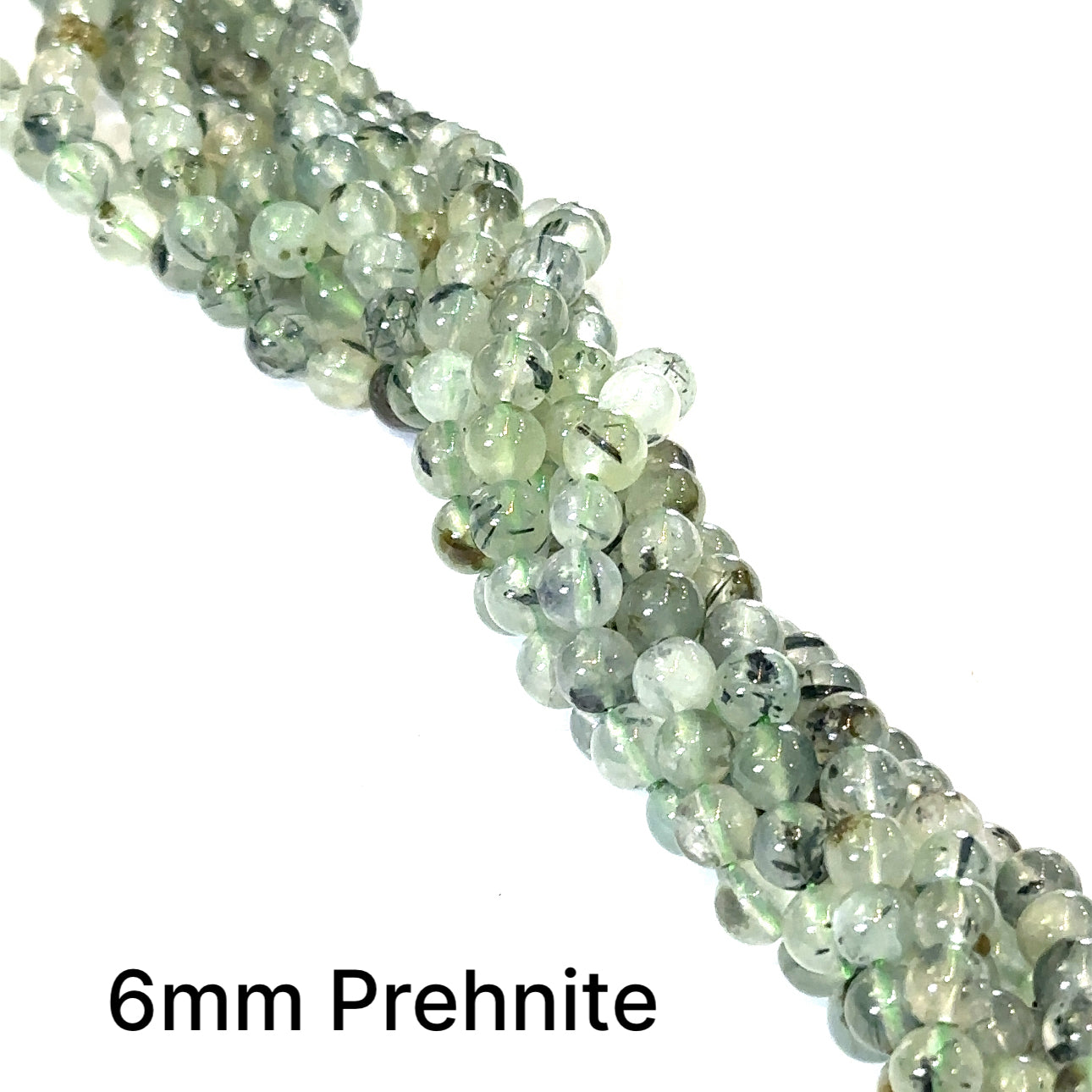 Prehnite 6mm smooth round gemstone on a white background, front overview. 