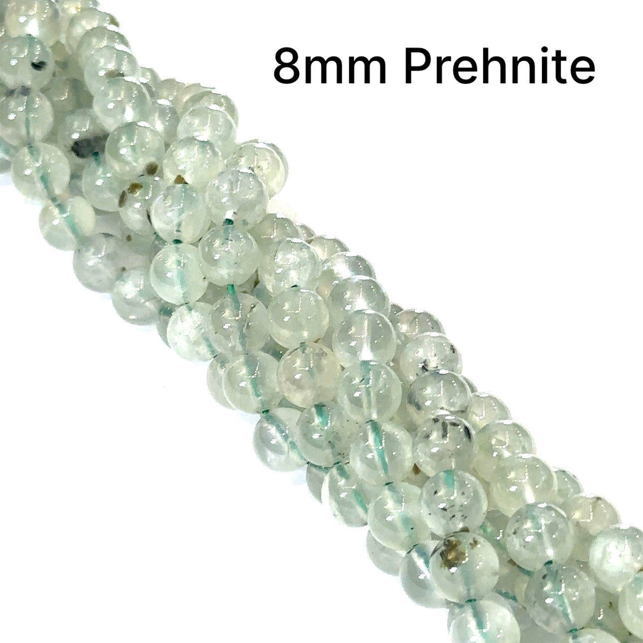 Prehnite 8mm smooth round gemstone on a white background, front overview. 