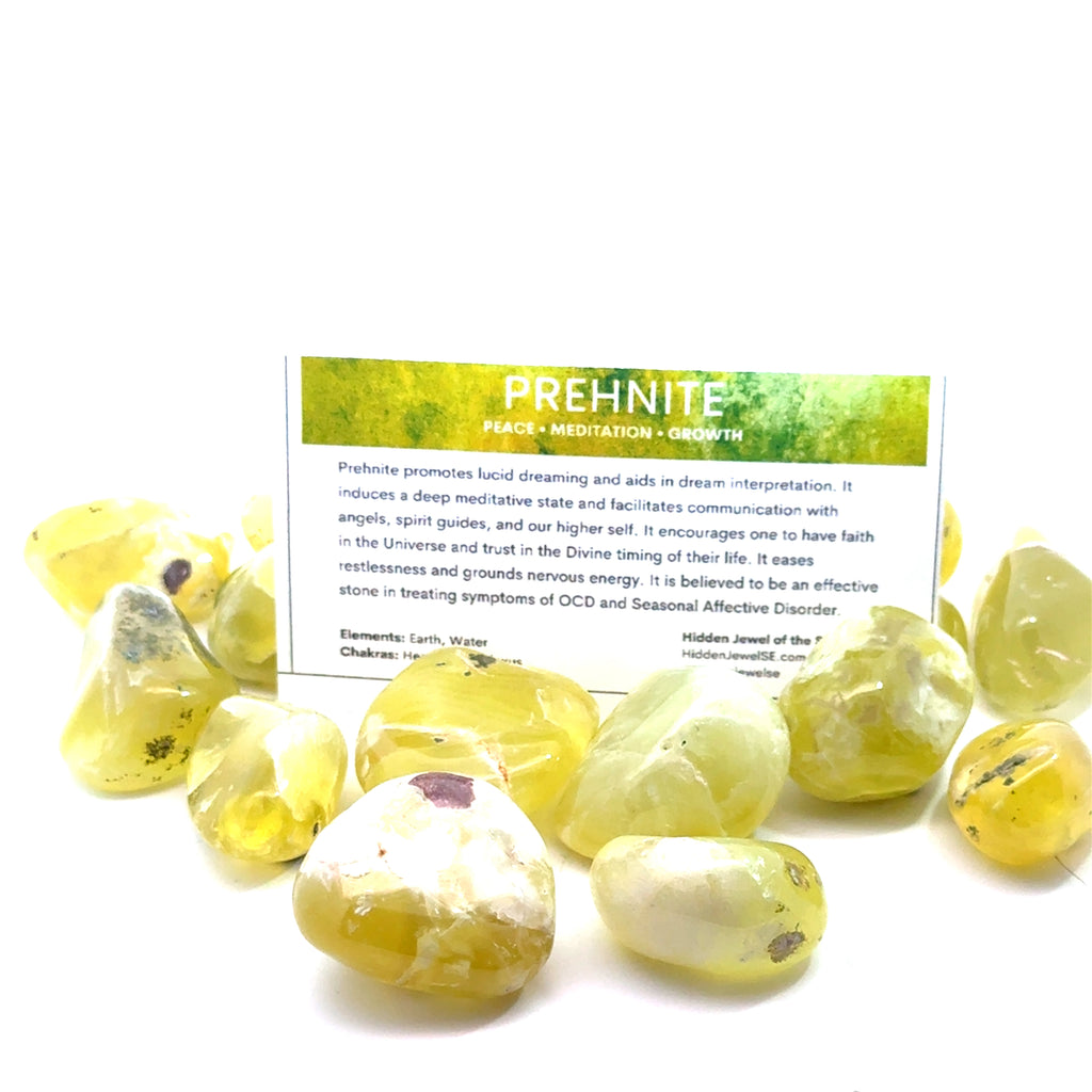 Prehnite Gemstone from Australia grouping with information card front view