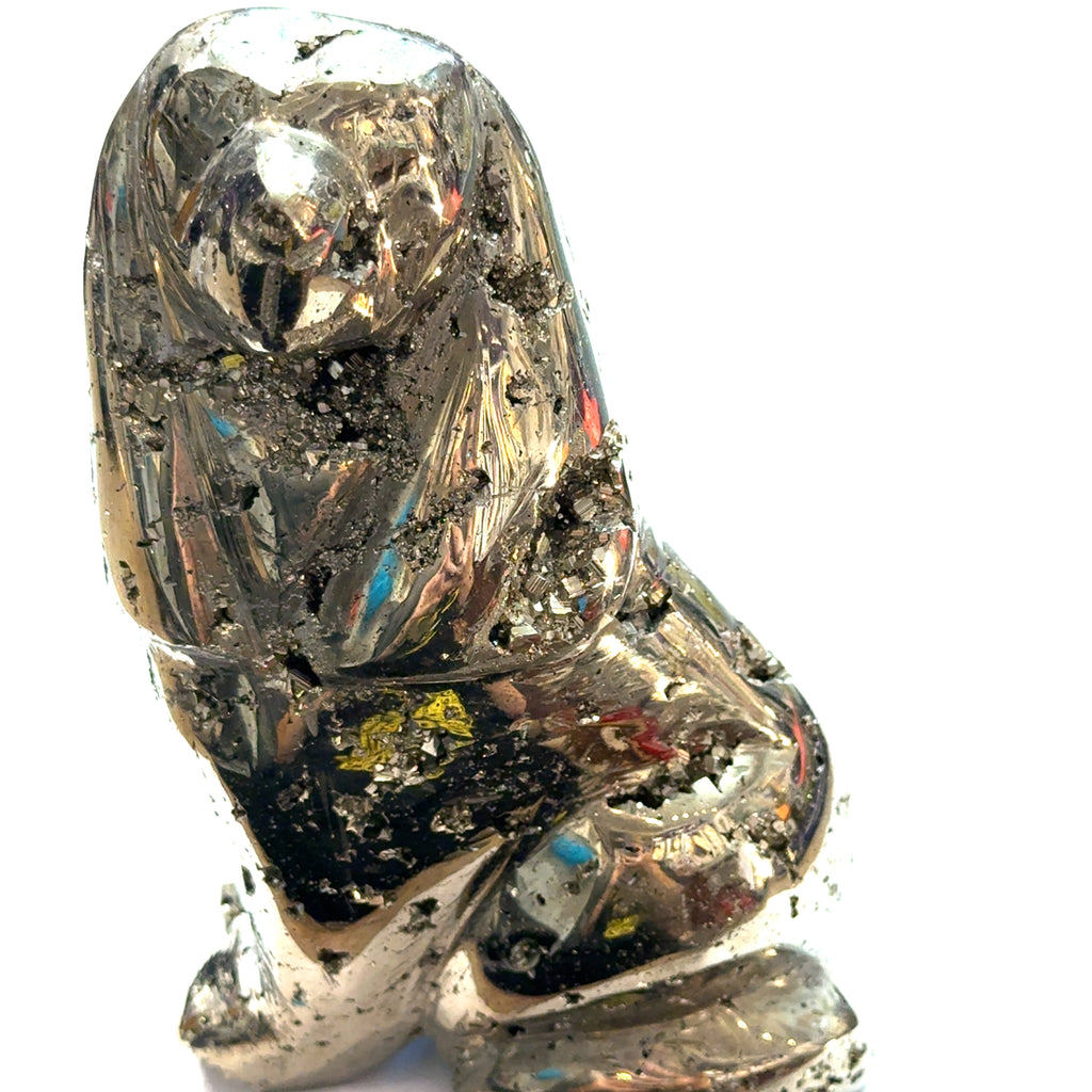 Pyrite Gemstone Dog Carving A on white front view 