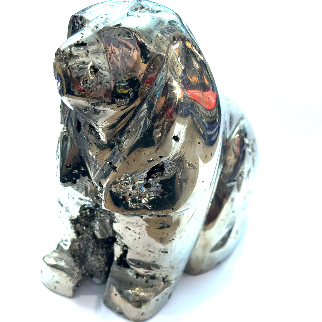 Pyrite Gemstone Dog Carving B on white front view 