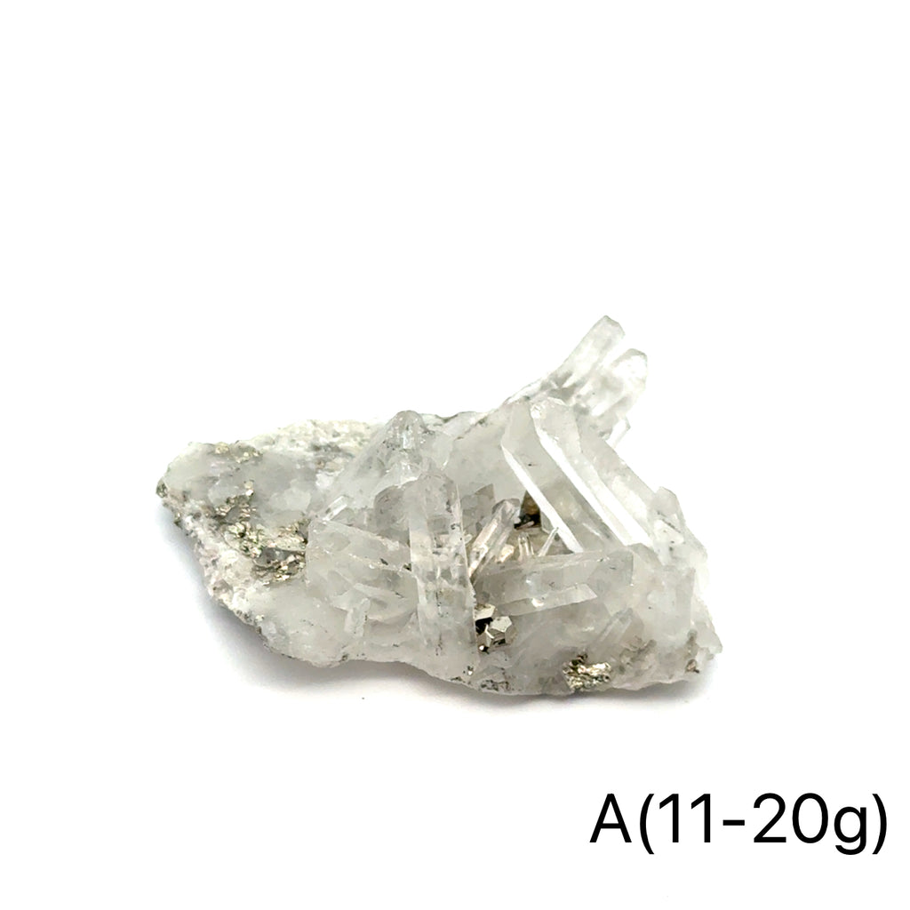 Pyrite in Quartz Gemstone Cluster A(11-20g) on white center front view