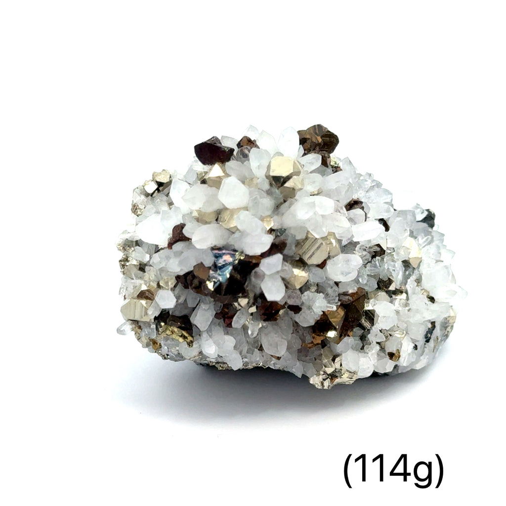 Pyrite in Quartz Gemstone Cluster on white (114g) center front view