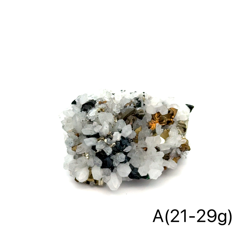 Pyrite in Quartz Gemstone Cluster on white A(21-29g) center front view