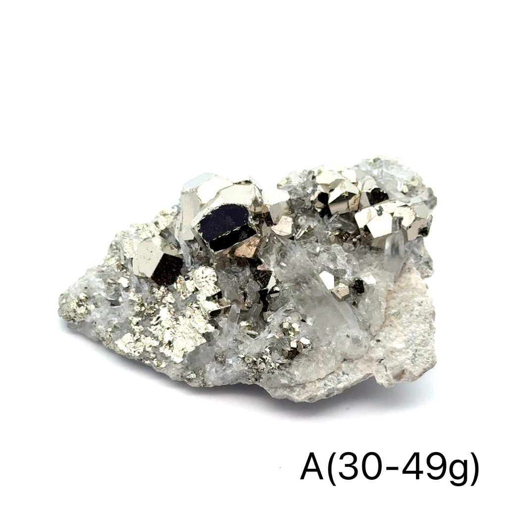 Pyrite in Quartz Gemstone Cluster on white A(30-49g) center front view
