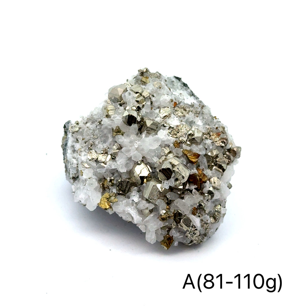 Pyrite in Quartz Gemstone Cluster on white A(81-110g) center front view