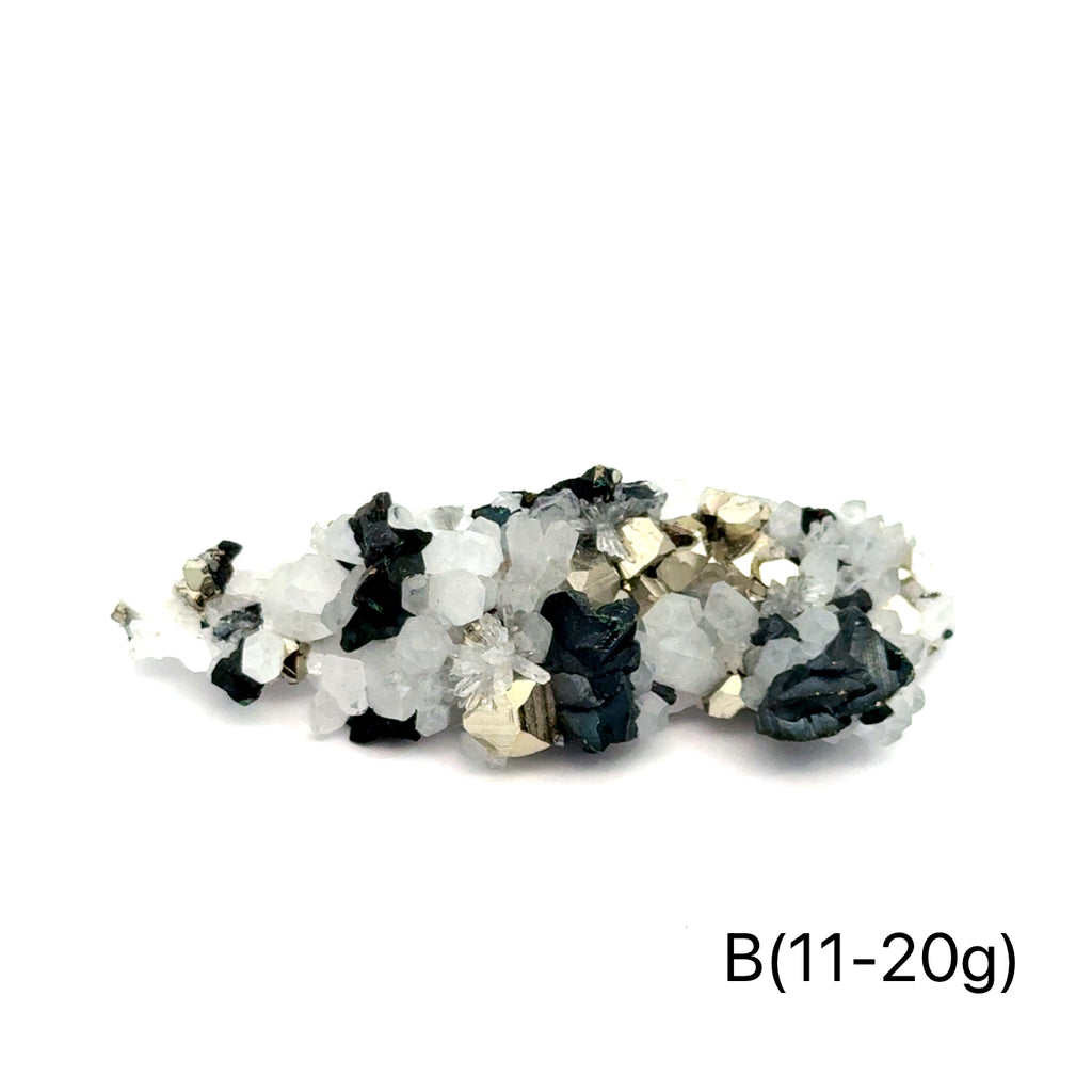 Pyrite in Quartz Gemstone Cluster on white B(11-20g) center front view