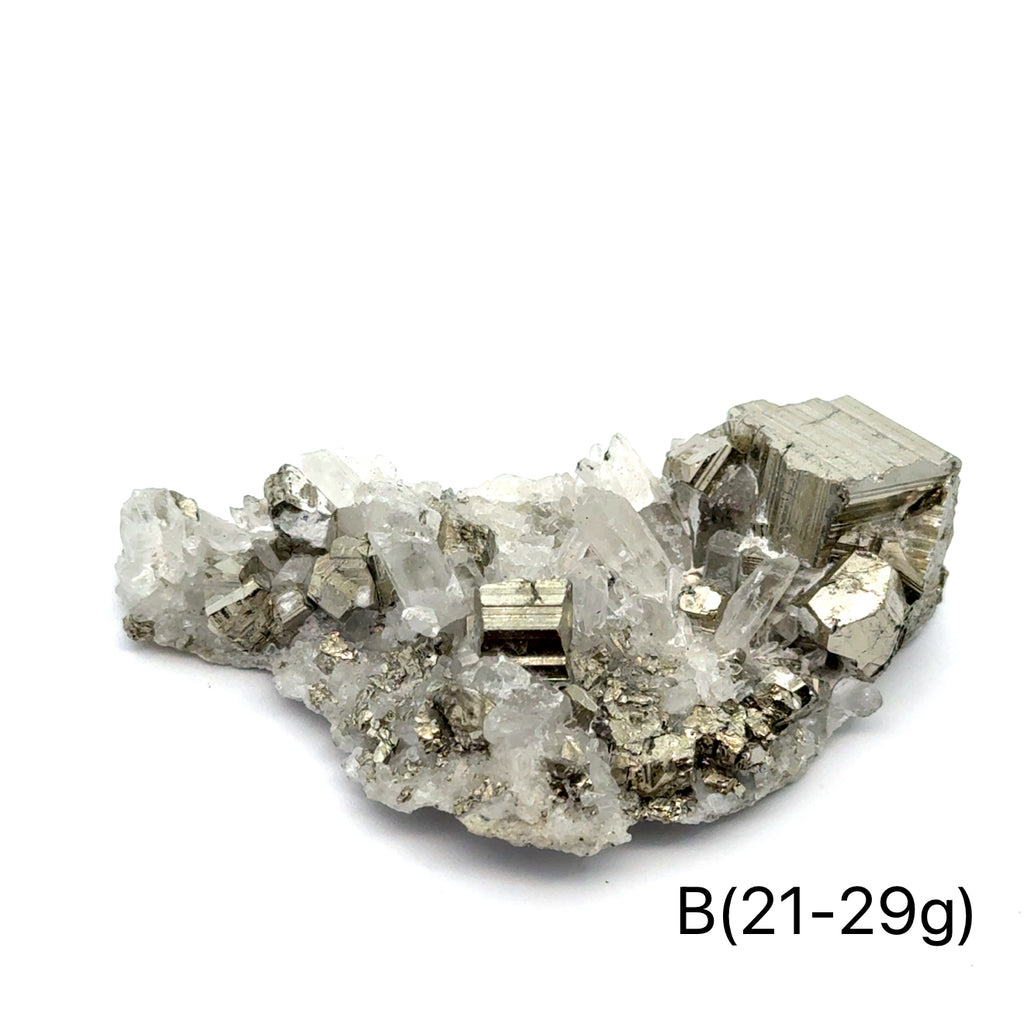 Pyrite in Quartz Gemstone Cluster on white B(21-29g) center front view
