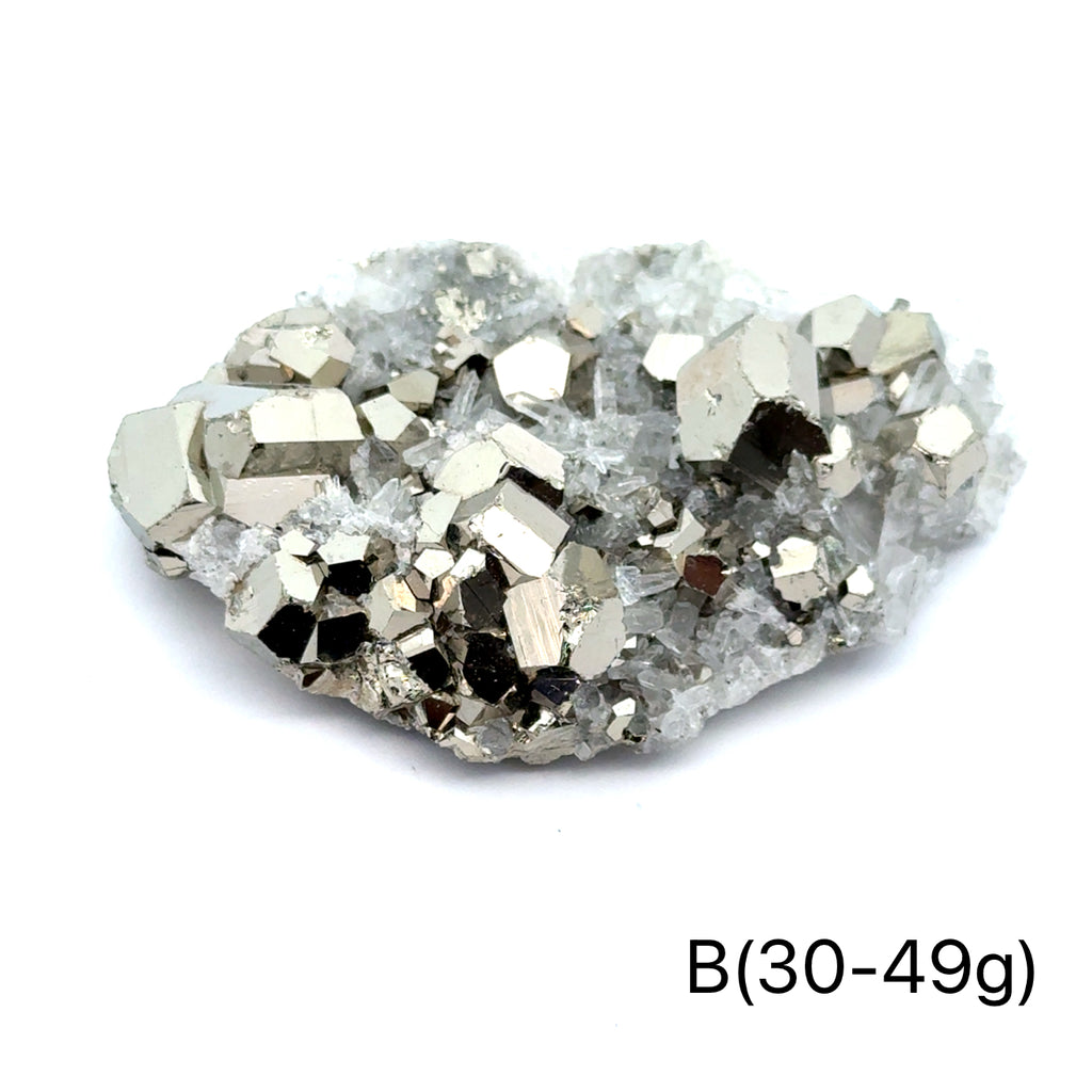 Pyrite in Quartz Gemstone Cluster on white B(30-49g) center front view