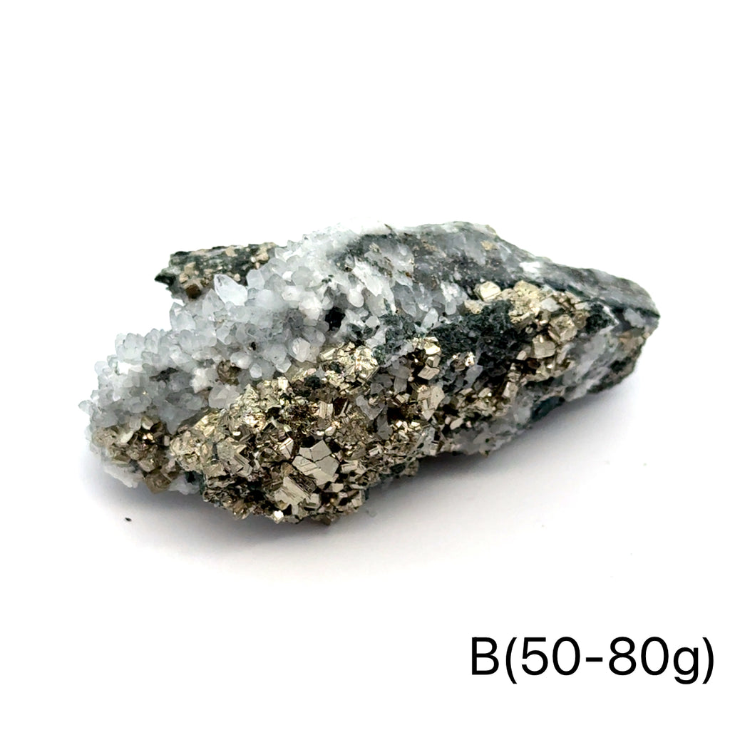 Pyrite in Quartz Gemstone Cluster on white B(50-80g) center front view