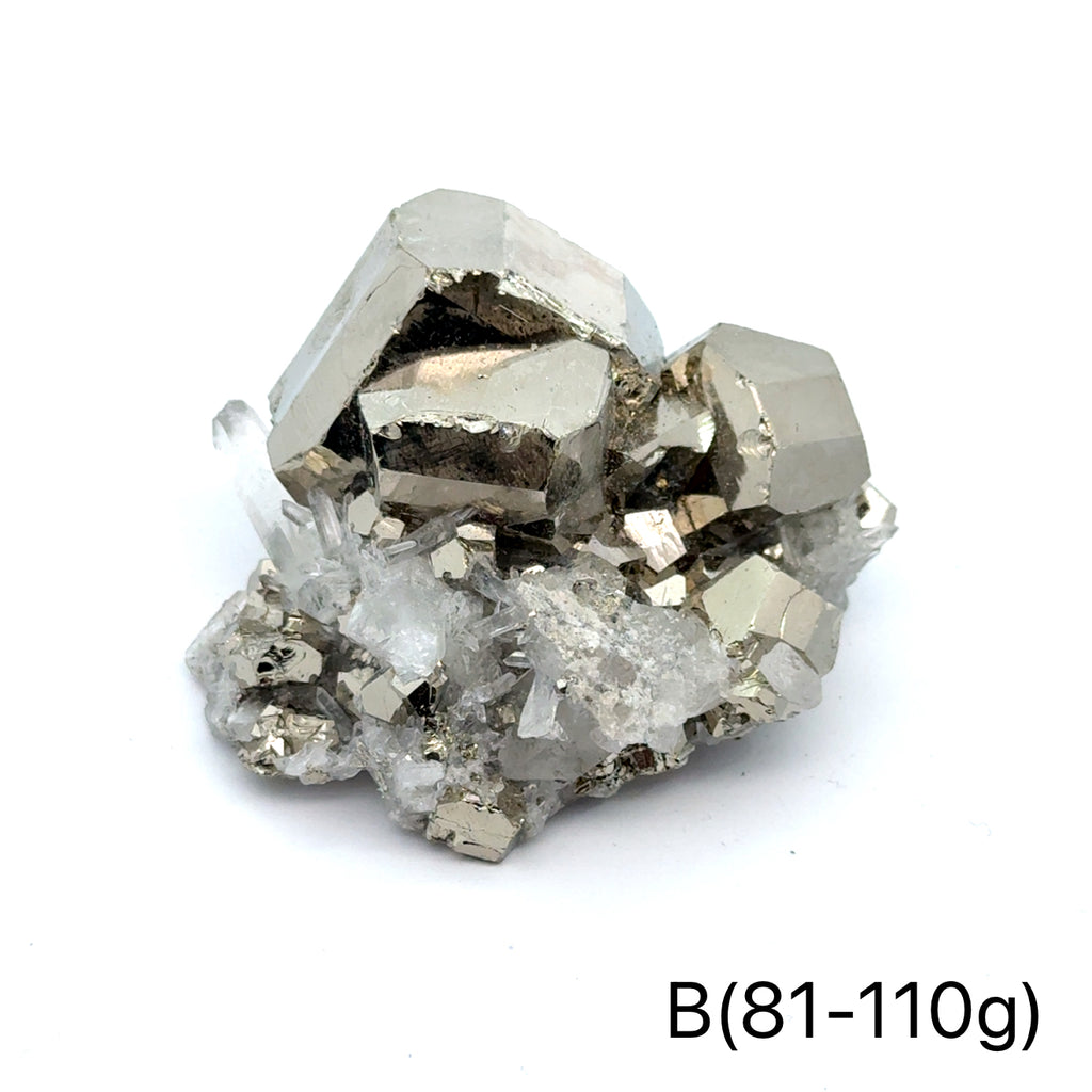Pyrite in Quartz Gemstone Cluster on white B(81-110g) center front view