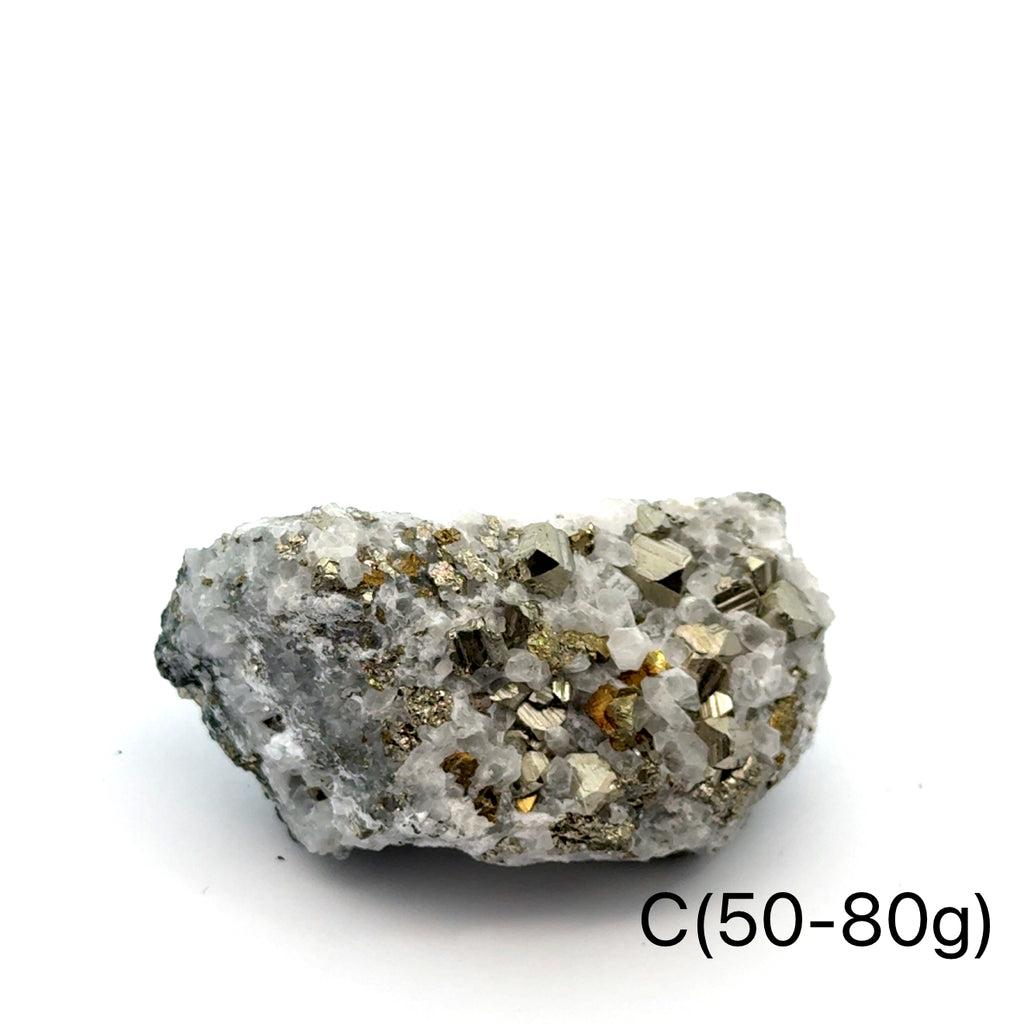 Pyrite in Quartz Gemstone Cluster on white C(50-80g) center front view