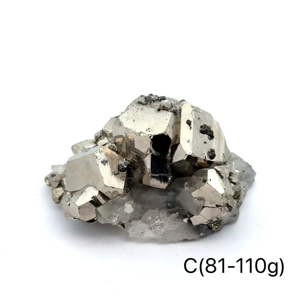 Pyrite in Quartz Gemstone Cluster on white C(81-110g) center front view