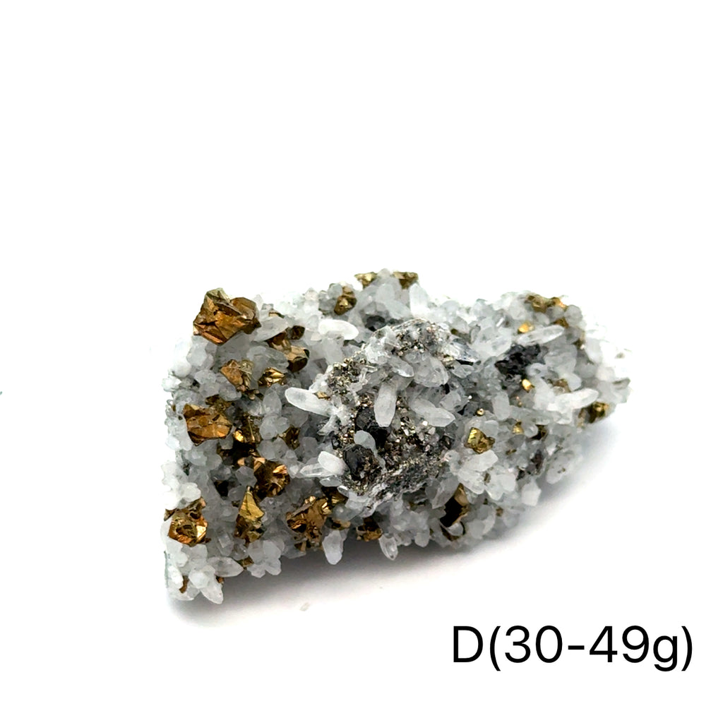 Pyrite in Quartz Gemstone Cluster on white D(30-49g) center front view