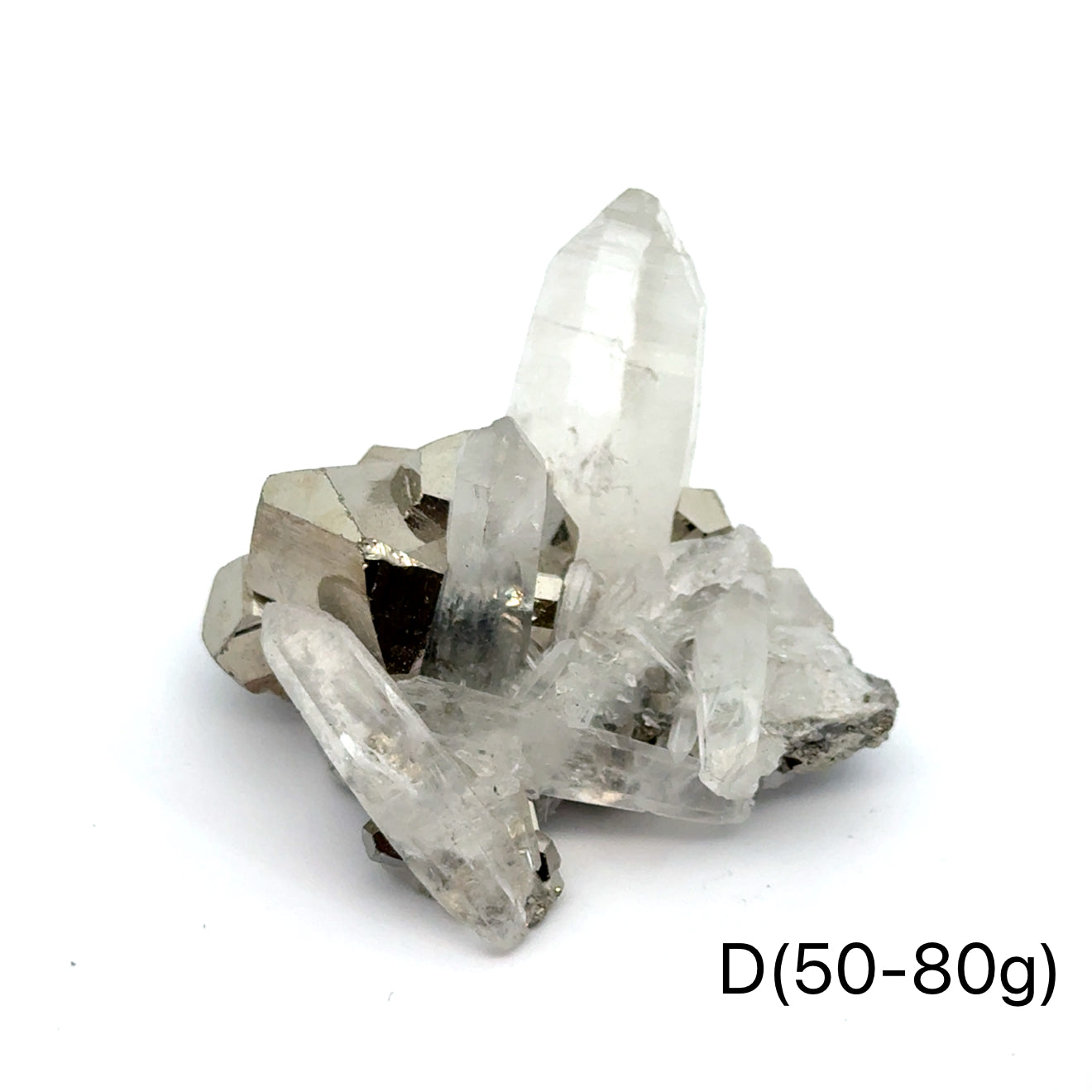 Pyrite in Quartz Gemstone Cluster on white D(50-80g) center front view