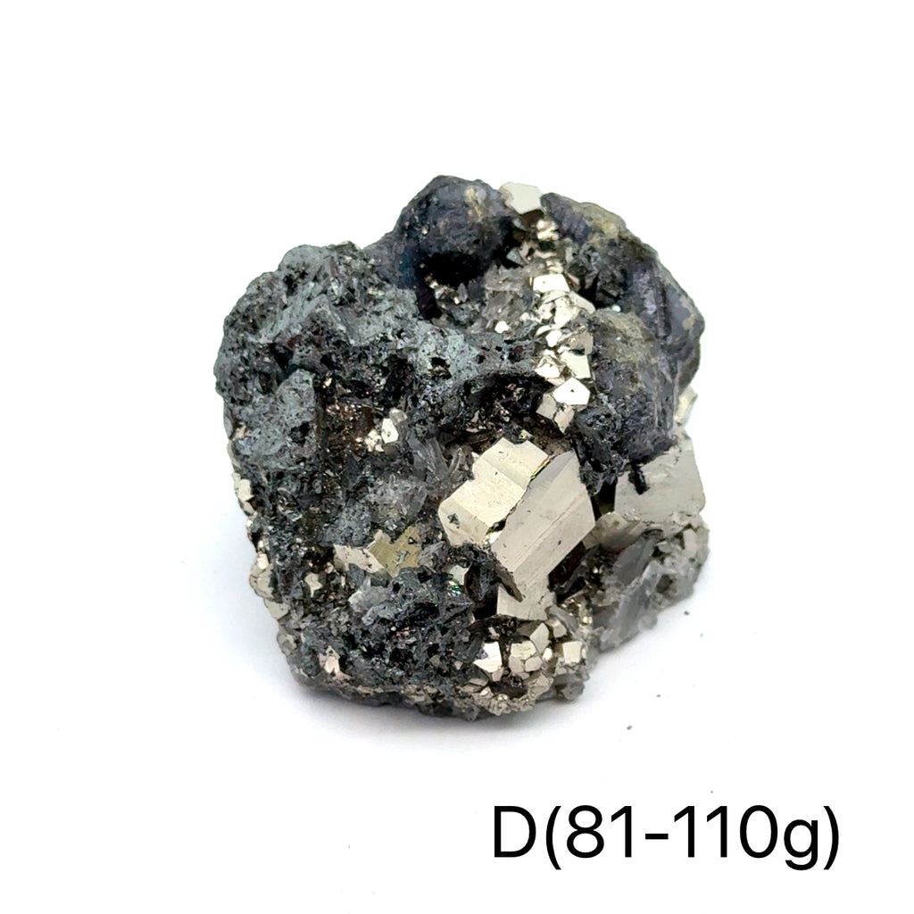 Pyrite in Quartz Gemstone Cluster on white D(81-110g) center front view