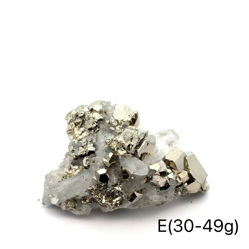 Pyrite in Quartz Gemstone Cluster on white E(30-49g) center front view