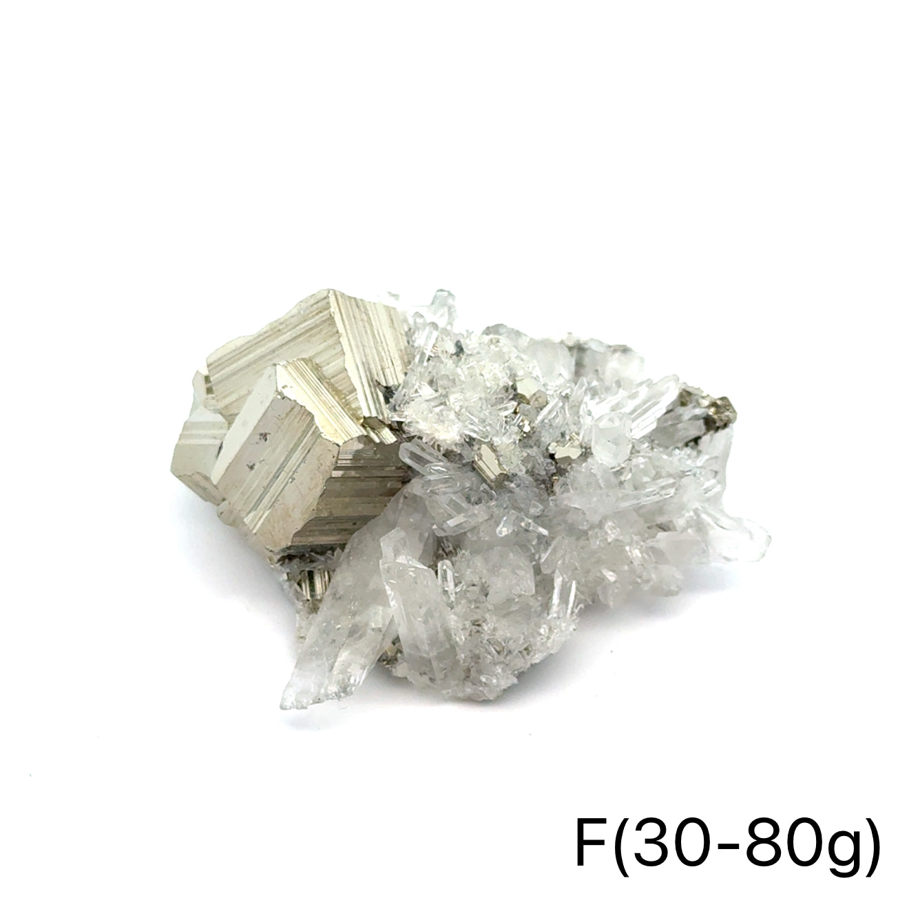 Pyrite in Quartz Gemstone Cluster on white F(50-80g) center front view
