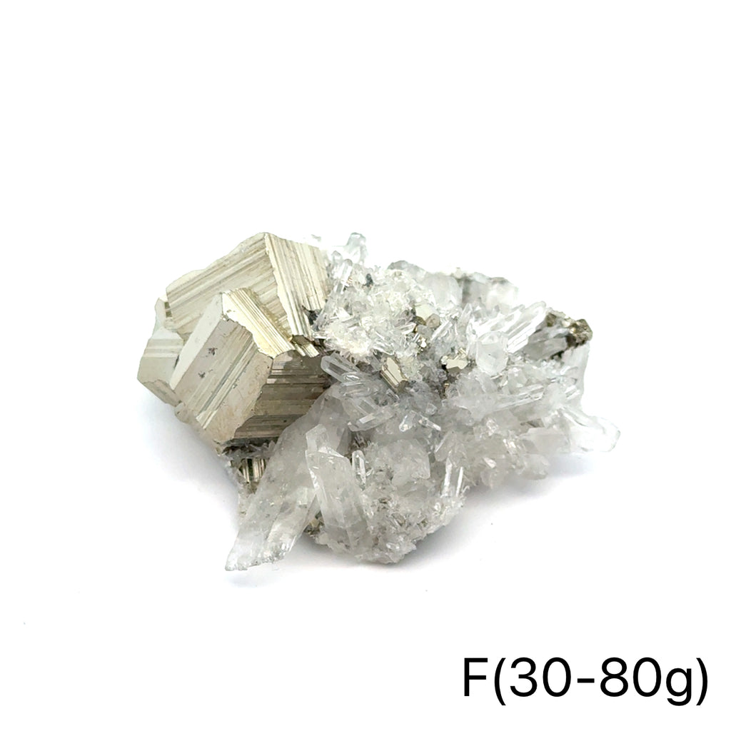 Pyrite in Quartz Gemstone Cluster on white F(50-80g) center front view
