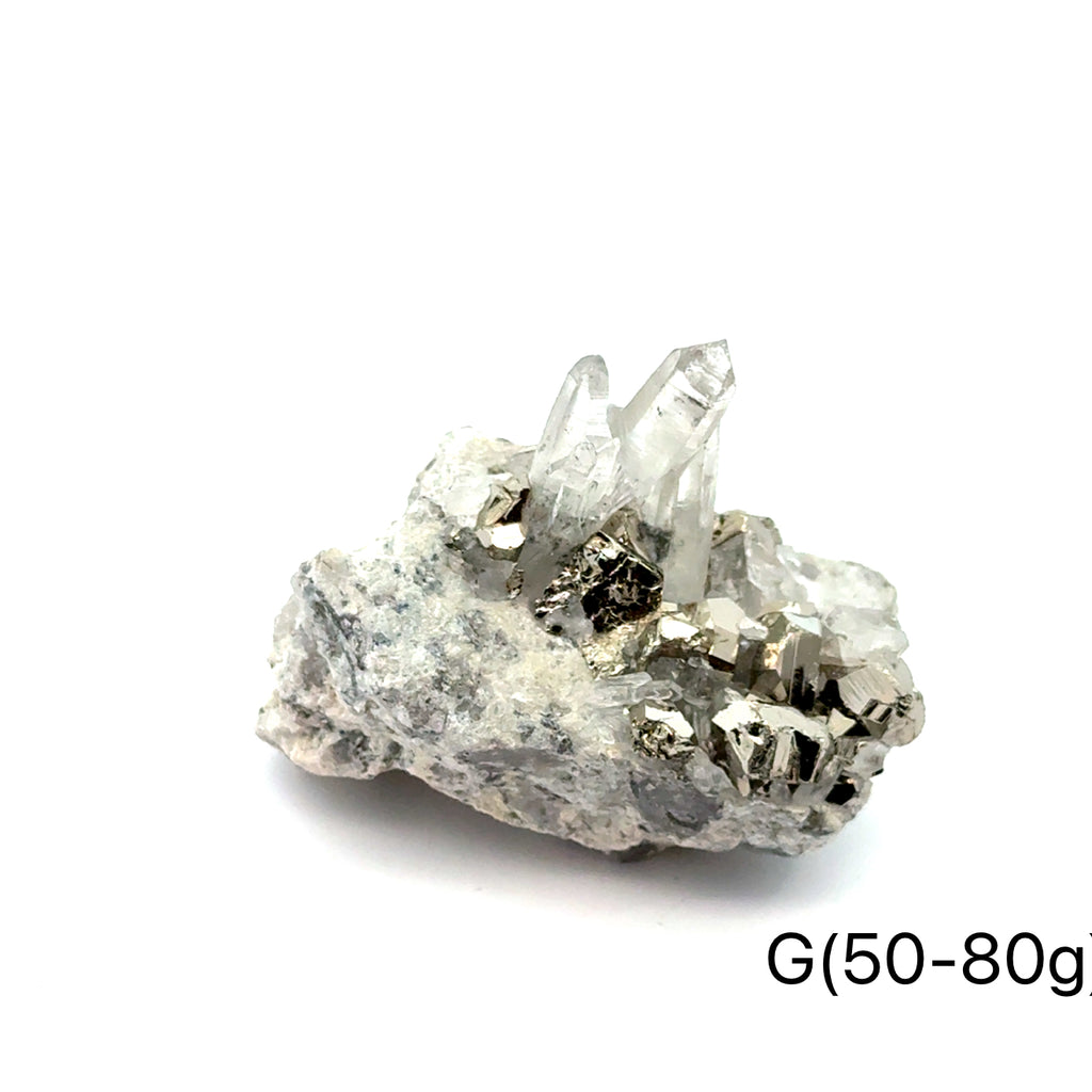 Pyrite in Quartz Gemstone Cluster on white G(50-80g) center front view