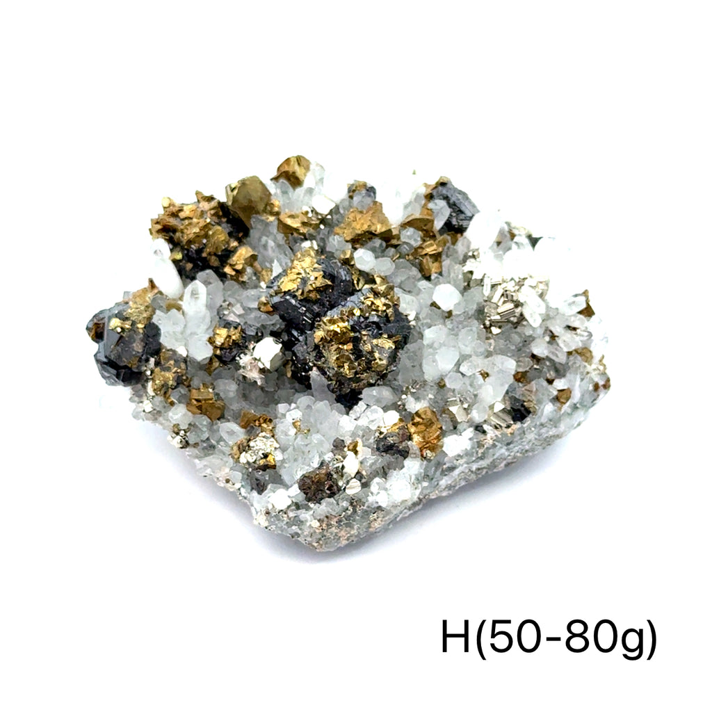 Pyrite in Quartz Gemstone Cluster on white H(50-80g) center front view