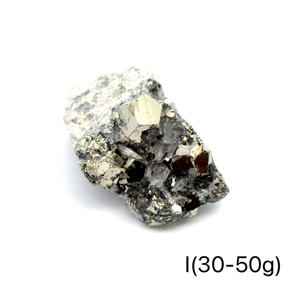 Pyrite in Quartz Gemstone Cluster on white I(30-50g) center front view