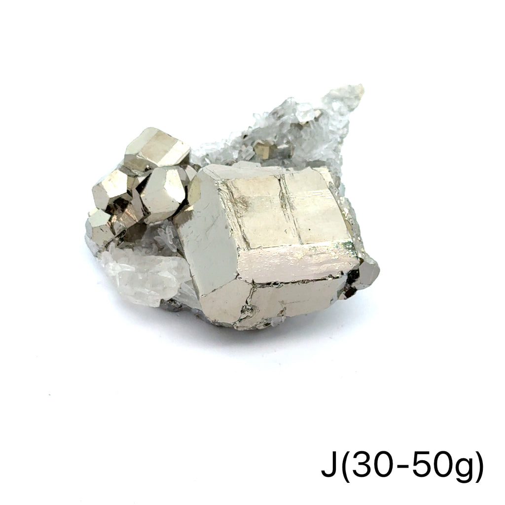 Pyrite in Quartz Gemstone Cluster on white J(30-50g) center front view