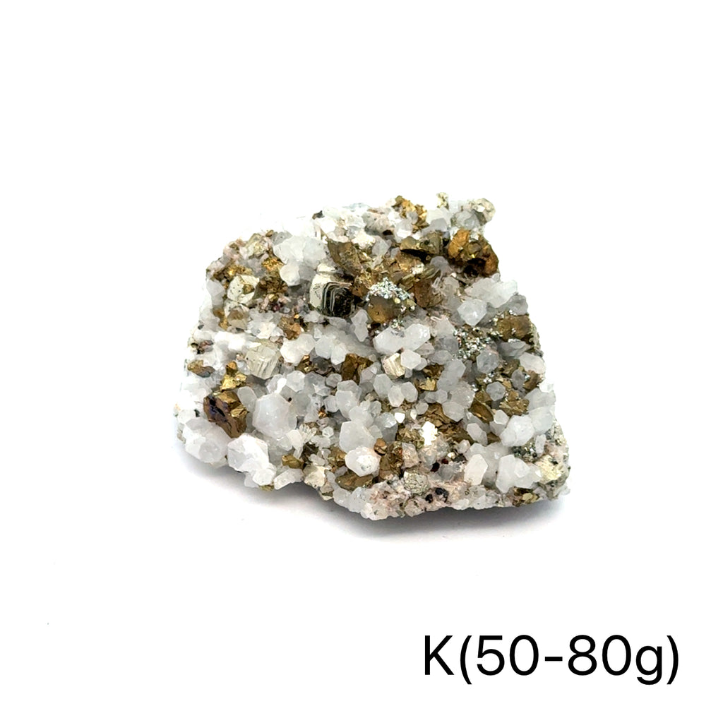 Pyrite in Quartz Gemstone Cluster on white K(50-80g) center front view
