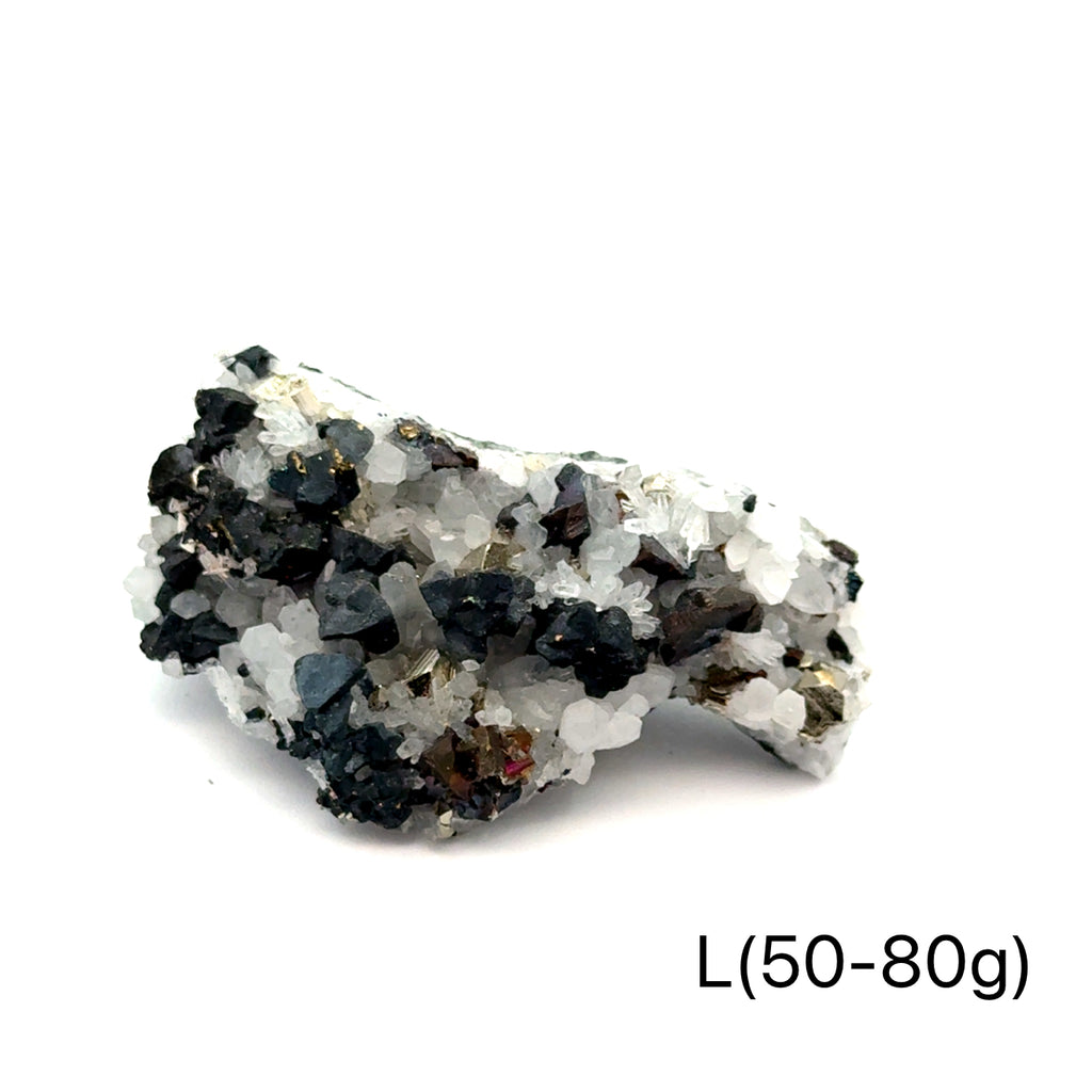 Pyrite in Quartz Gemstone Cluster on white L(50-80g) center front view