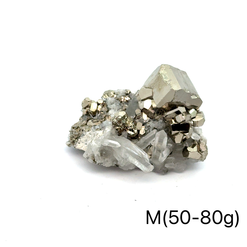 Pyrite in Quartz Gemstone Cluster on white M(50-80g) center front view