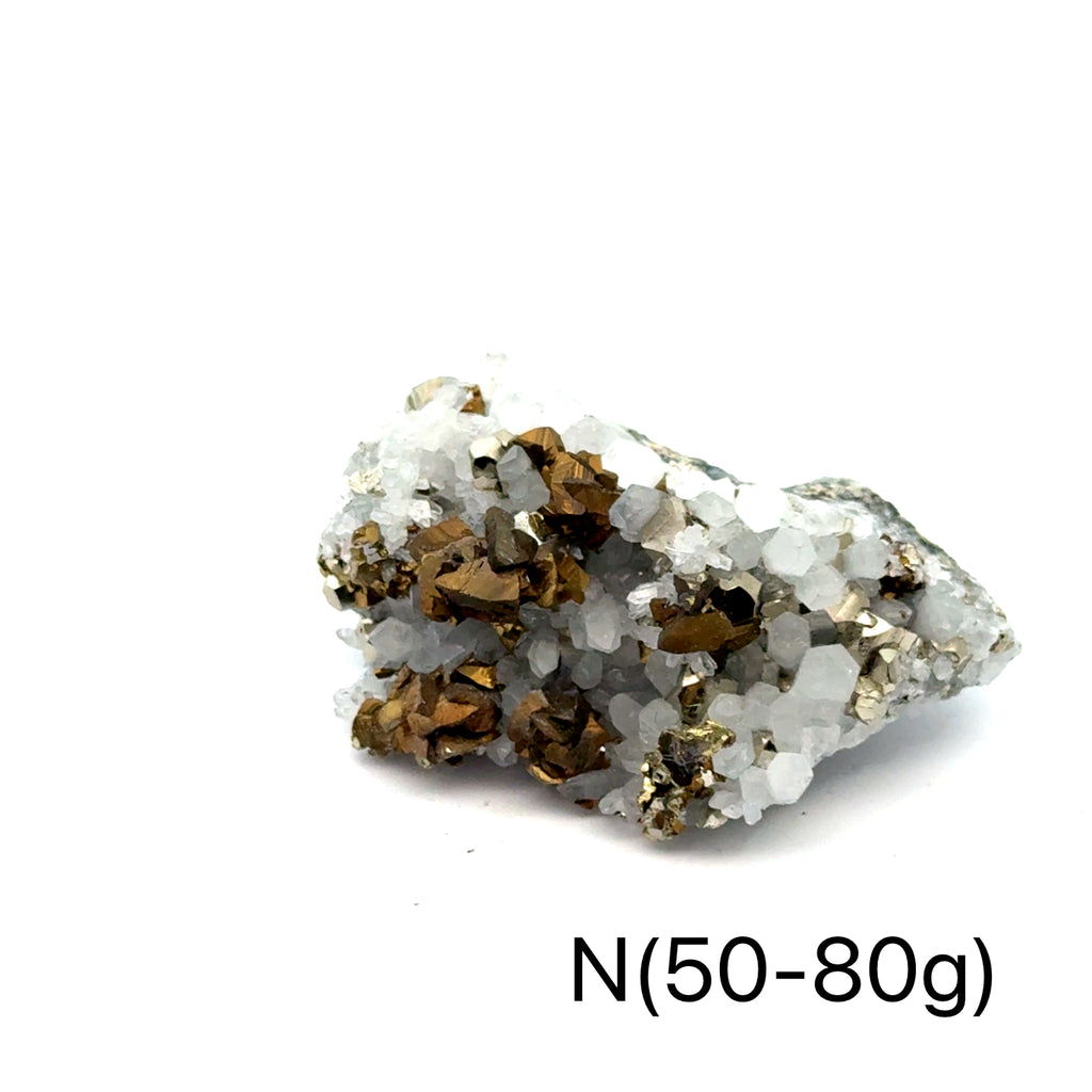 Pyrite in Quartz Gemstone Cluster on white N(50-80g) center front view