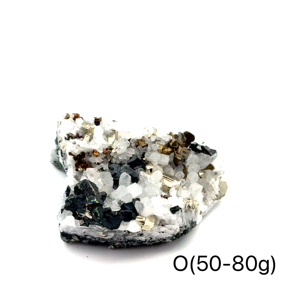 Pyrite in Quartz Gemstone Cluster on white O(50-80g) center front view