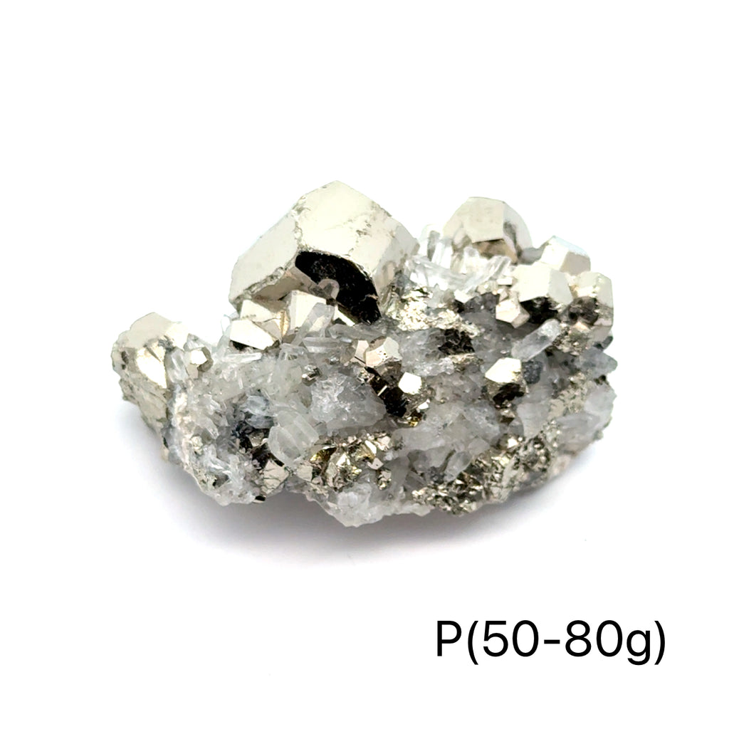 Pyrite in Quartz Gemstone Cluster on white P(50-80g) center front view