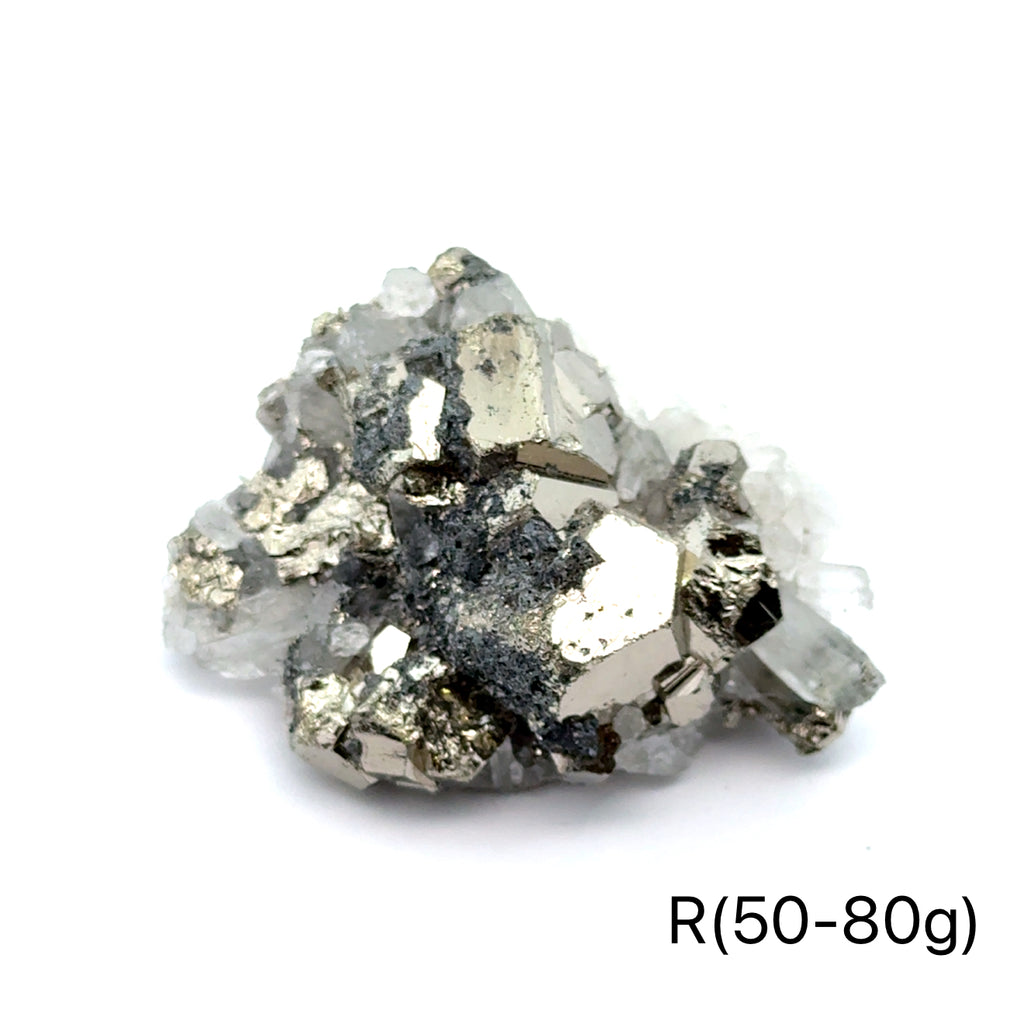 Pyrite in Quartz Gemstone Cluster on white R(50-80g) center front view