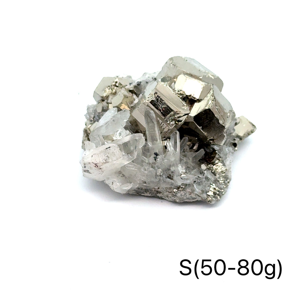 Pyrite in Quartz Gemstone Cluster on white S(50-80g) center front view