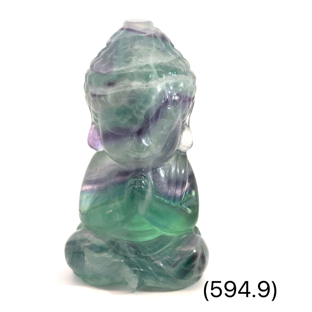 Rainbow Fluorite Buddha Carving on white 594.9g front view 