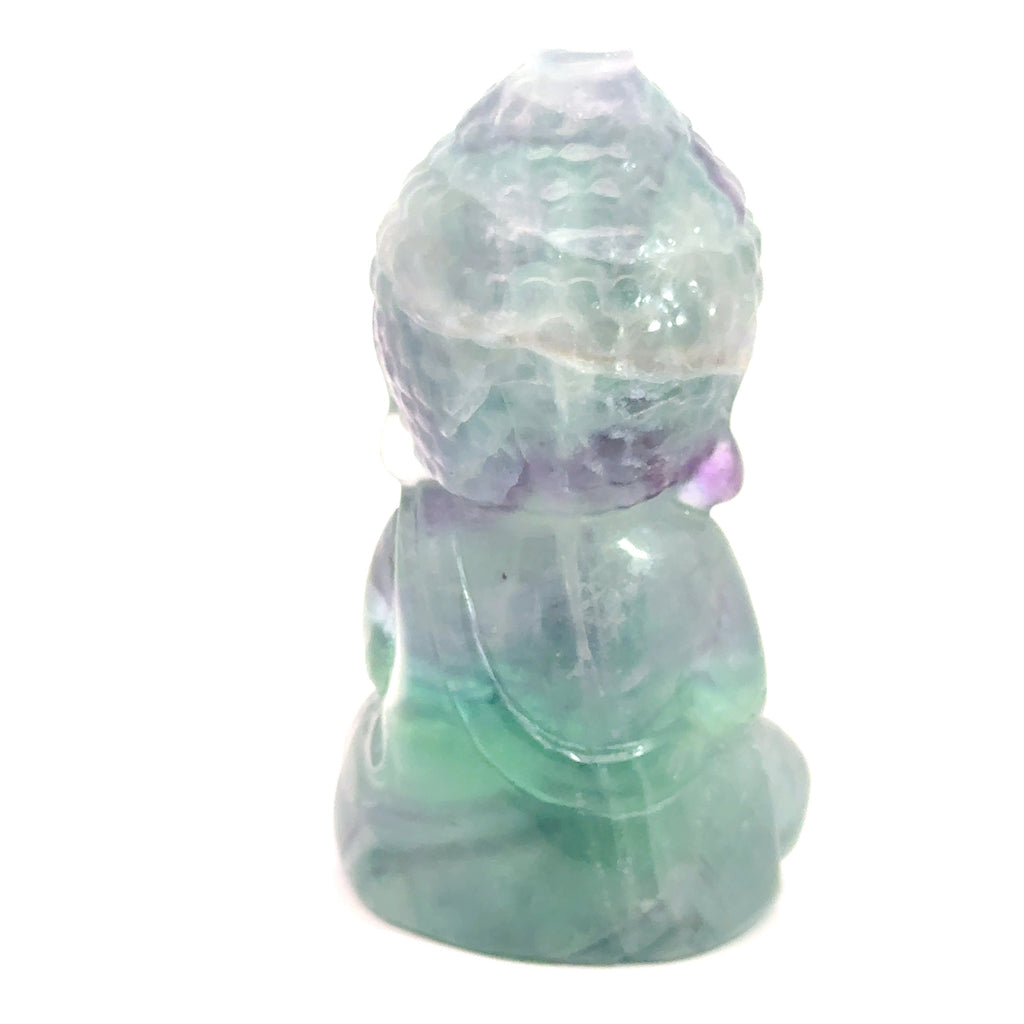 Rainbow Fluorite Buddha Carving on white front back view